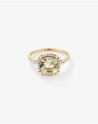 Michael Hill - Cushion Cut Green Amethyst Gemstone and 0.25 Carat TW Diamond Halo Ring in 10kt Yellow Gold