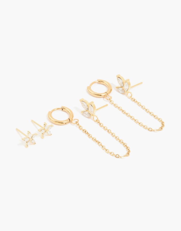 Lovisa - Waterproof Gold Plated Stainless Steel Cubic Zirconia Flower Hoop Chain & Flower Ear Stackers 2-Pack
