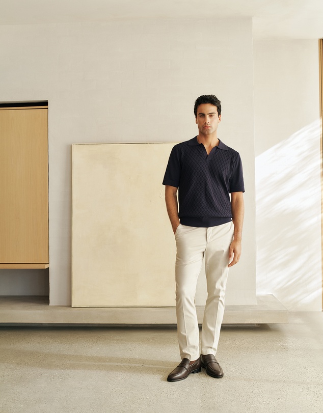 Trenery - Mercerised Diamond Knit Polo in Navy