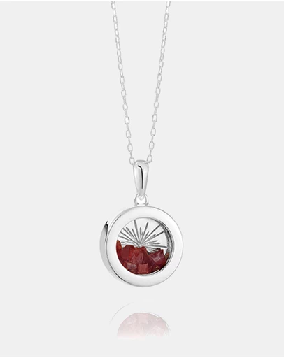 Rachel Jackson - Small Deco Sun Amulet January Birthstone Silver Garnet Necklace (Energy & Courage)