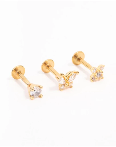 Lovisa - Gold Plated Surgical Steel Butterfly Flower Flat Back Earrings 3-Pack