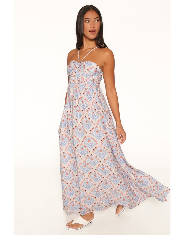 Petal & Pup - Cascade Halterneck Maxi Dress - White Blue