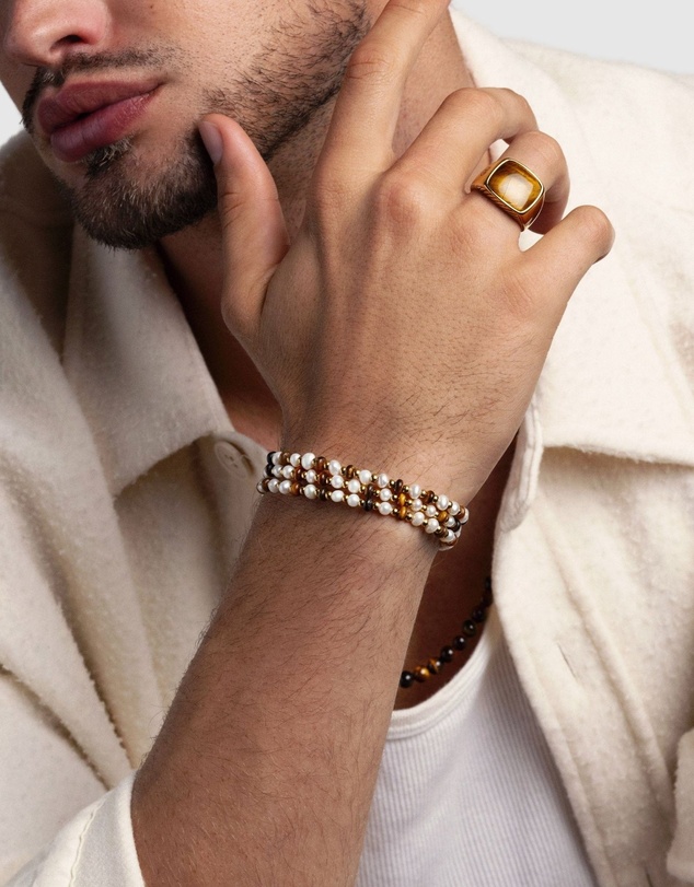 Nialaya Jewellery - Wrap Bracelet with White Pearls, Brown Tiger Eye, and Gold