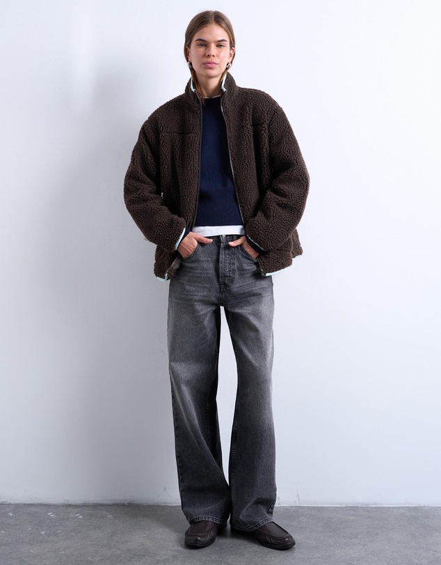 TOPSHOP - Borg Fleece Jacket with Contrast Piping