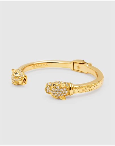 Nialaya Jewellery - Men's Gold CZ Panther Bangle