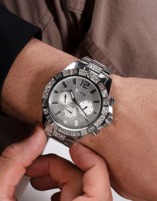 GUESS - Silver-Tone Multi-function Men's 48mm Silver Dial with Crystals on Bezel Watch