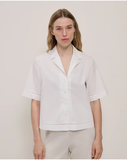 Trenery - Poplin Lattice Trim Short Sleeve Shirt in White