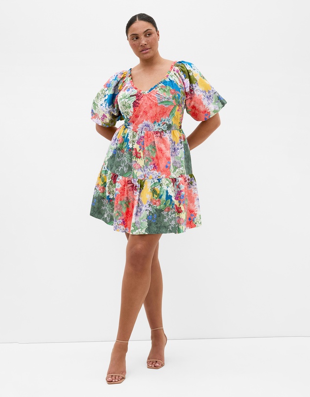 City Chic - Fantasy Berry Floral Print Puff Sleeve Mini Dress