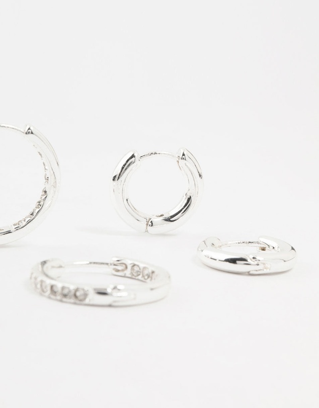 Lovisa - Silver Plated Diamante Huggie Earrings 3-Pack