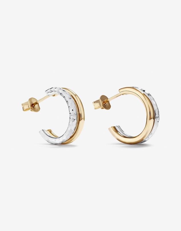 Michael Hill - Two-Tone Double Half Hoop Hammered Finish Stud Earrings in 10kt White and Yellow Gold