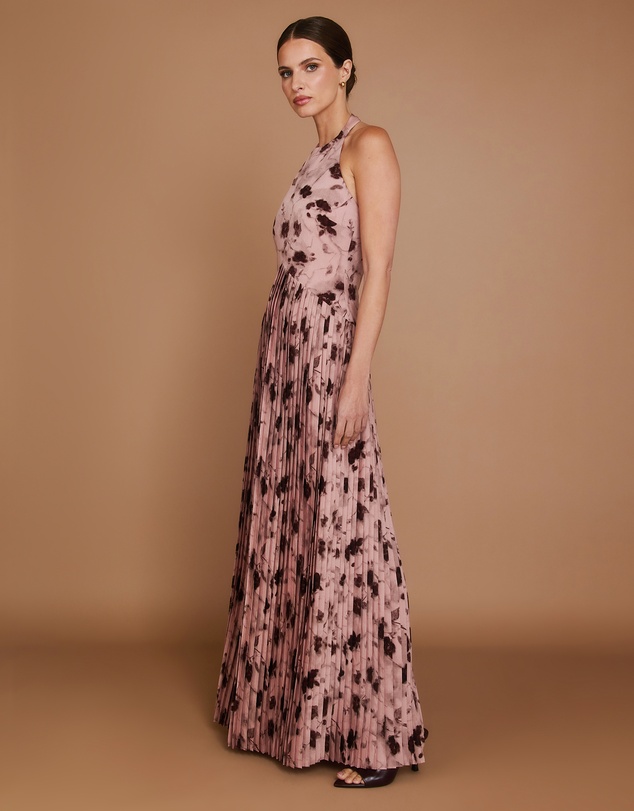 Six Stories - Floral Halter Neck Pleated Ruffle Maxi Dress