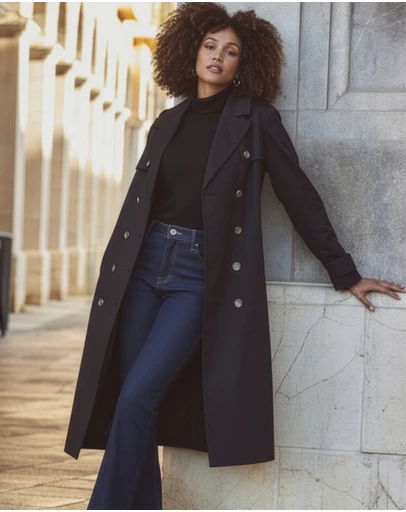 Sosandar - Black Longline Trench Coat With Faux Leather Trim