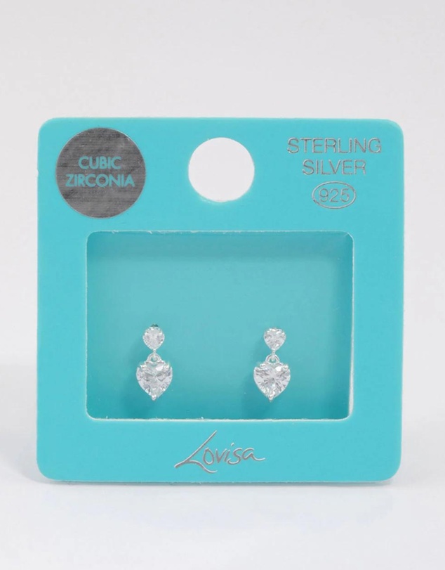 Lovisa - Sterling Silver Cubic Zirconia Heart Stud & Drop Earrings