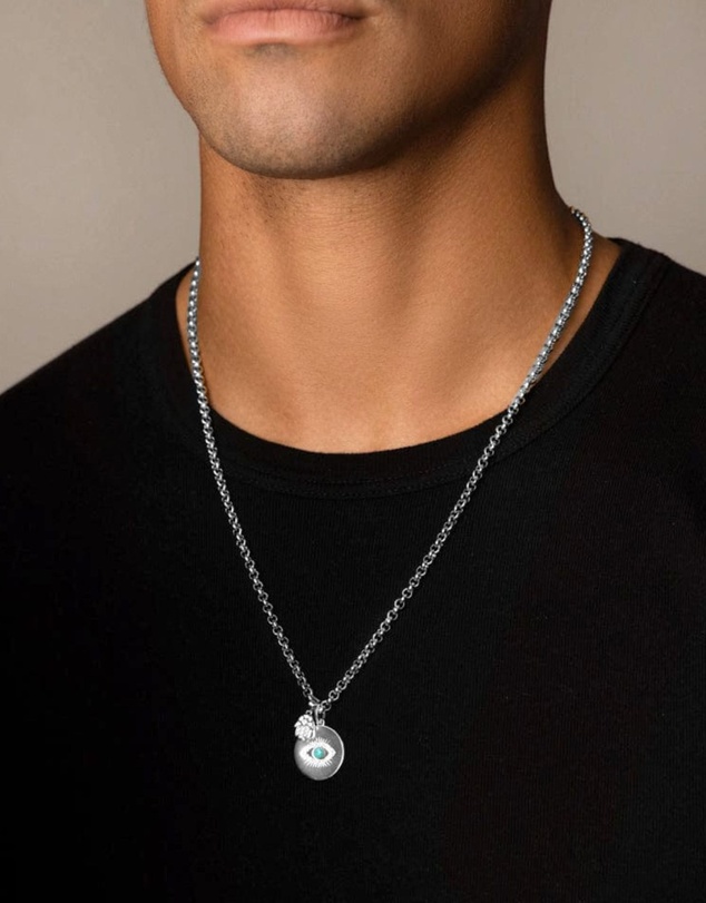 Nialaya Jewellery - Men's Silver Evil Eye and Hamsa Hand Necklace