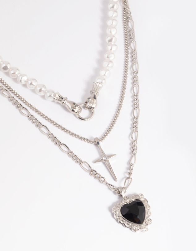 Lovisa - Silver Pearl Heart Star Layered Necklace