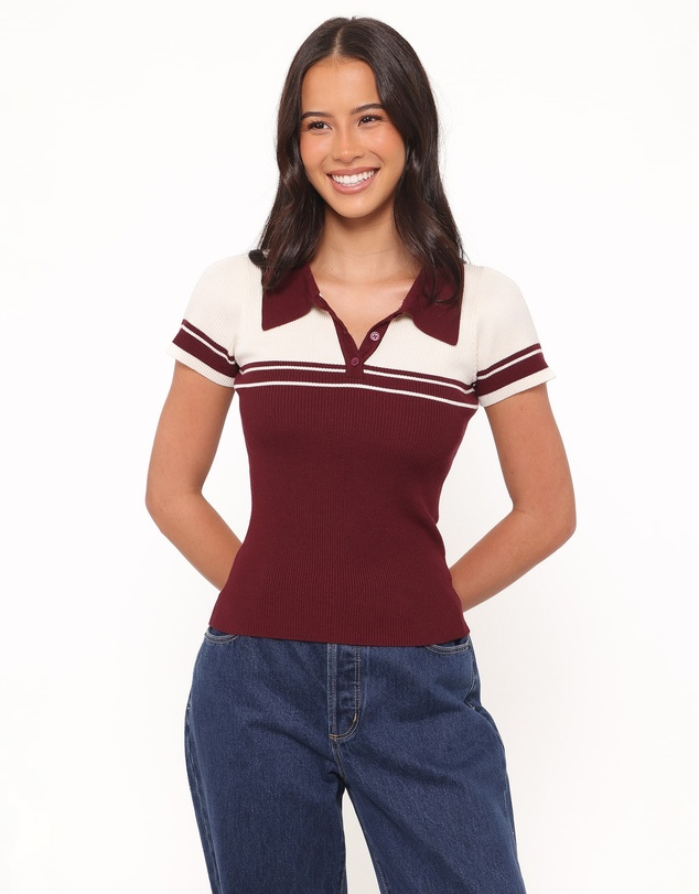 Petal & Pup - Maris Knit Polo Top - Burgundy/Cream Stripe