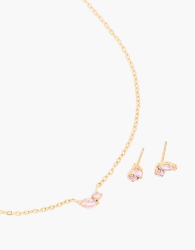 Lovisa - Waterproof Gold Plated Stainless Steel October Pink Cubic Zirconia Birthstone Necklace & Earrings Set