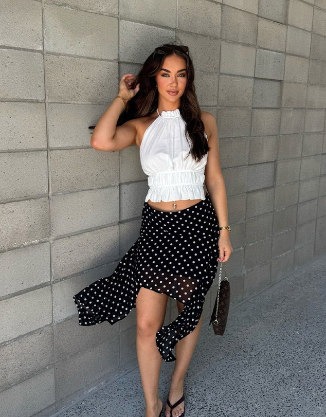 Beginning Boutique - Khalea Black Polka Dot Hanky Hem Midi Skirt