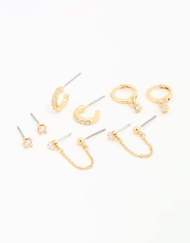 Lovisa - Gold Plated Cubic Zirconia Dainty Chain & Huggie Earrings 4-Pack