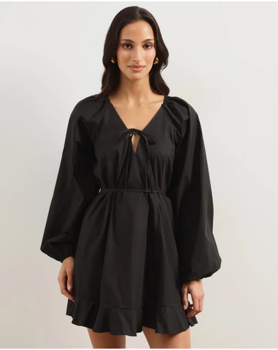 Atmos&Here - Melani Smock Mini Dress With Neck And Waist Tie