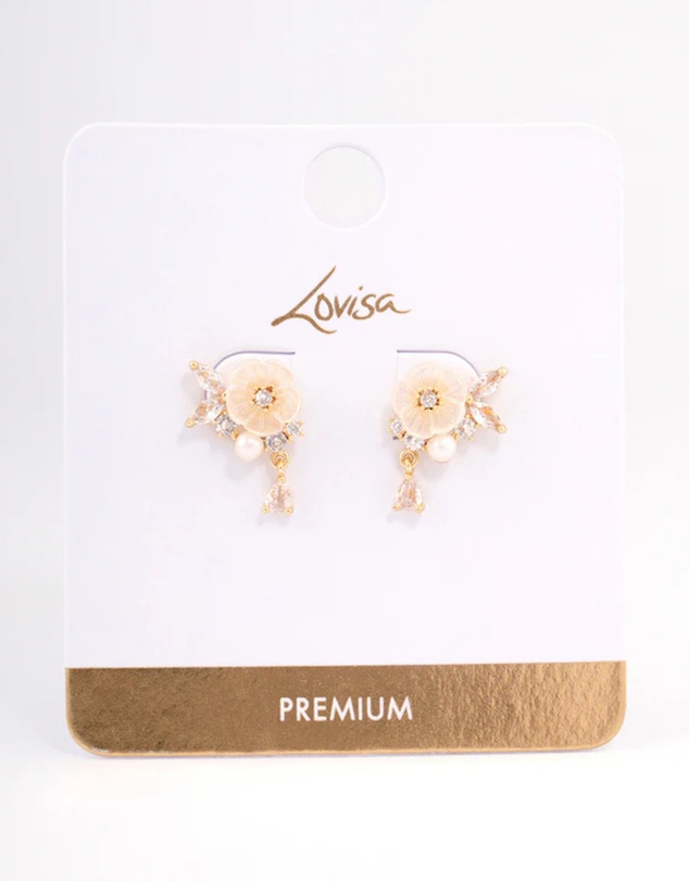 Lovisa - Gold Plated Cubic Zirconia Floral Detailed Pearl Earrings