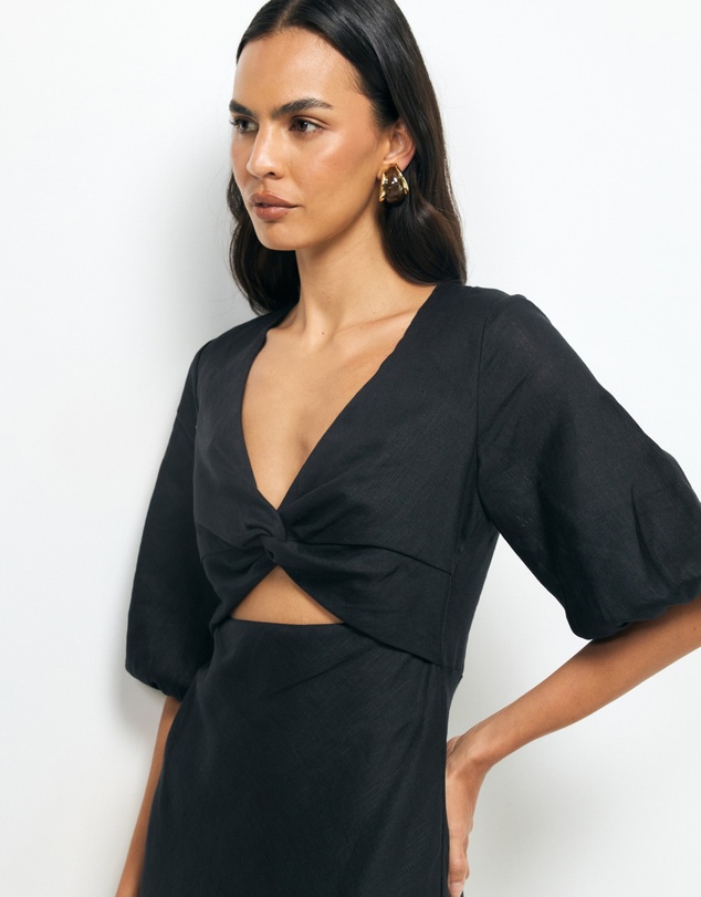 Revibe - Repaired AERE Idalia Twist Front Linen Midi Dress - AU 8