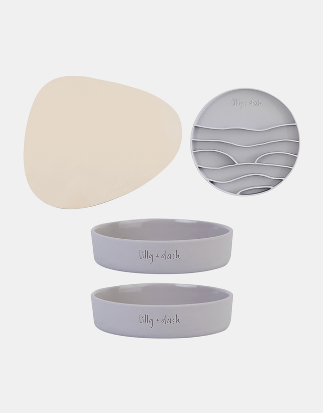 Lilly + Dash - Cat Eat and Drink Set – 2 Bowls + Lick Insert + Sand Placemat