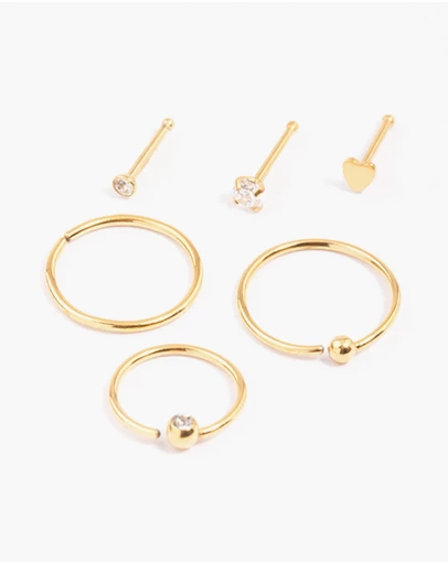 Lovisa - Gold Plated Surgical Steel Bone & Ball Nose Ring 6-Pack