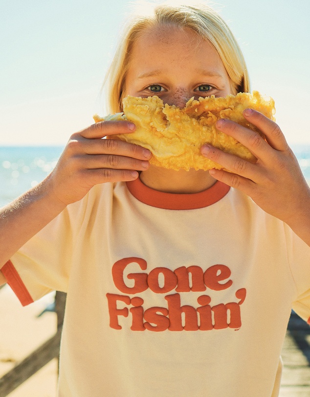 Skwosh - Gone Fishin Kids Boxy Ringer Tee in Off White
