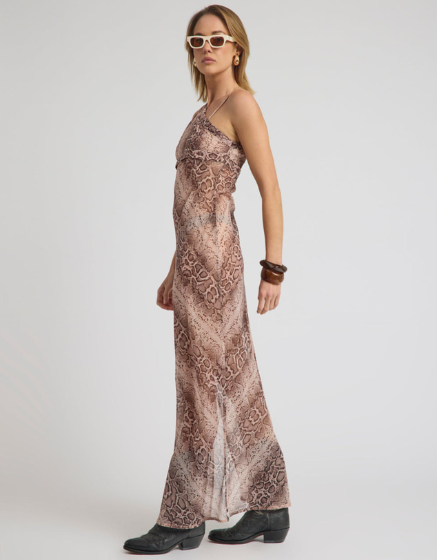 ONE TEASPOON - Negroni Sheer Chiffon One Shoulder Maxi Dress - Cognac Snake