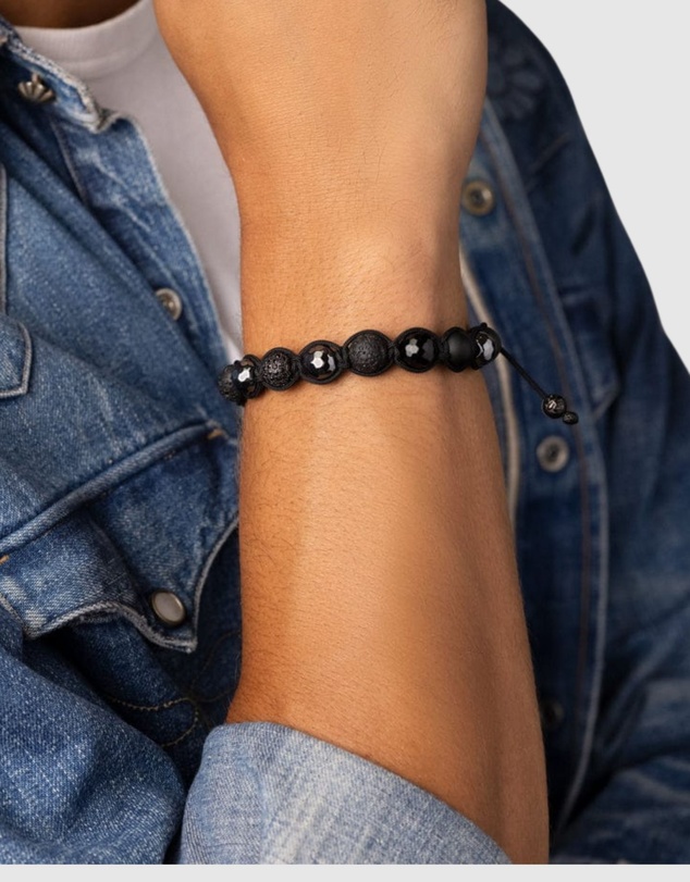 Nialaya Jewellery - Men's Beaded Bracelet with CZ Diamond, Lava Stone, Matte Onyx and Agate