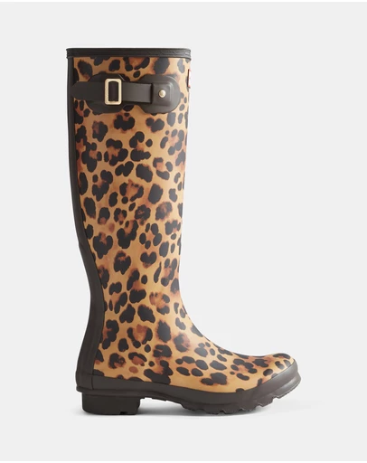 Hunter - Women’s Original Tall Leopard Boot in Leopard Print/Chocolate Brown
