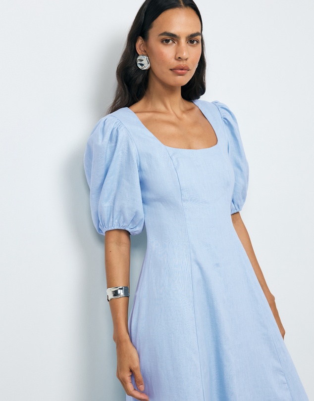 AERE - Portia Linen Puff Sleeve Midi Dress