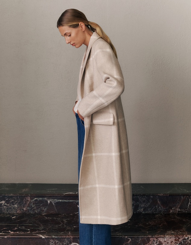 Trenery - Italian Wool Blend Check Coat in Stone