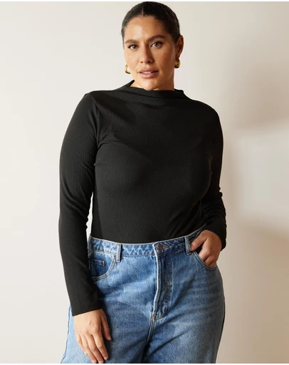 Atmos&Here Curvy - Mock Neck Rib Long Sleeve Top