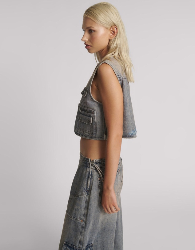 ONE TEASPOON - Cropped Denim Utility Vest - Island Blue