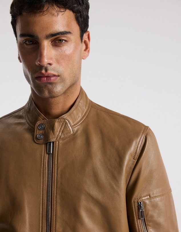 Calibre - Stand Collar Leather Bomber Jacket Camel