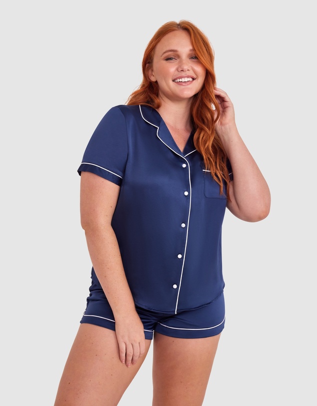 Bras N Things - Liquid Satin Short Sleeve Top - Navy