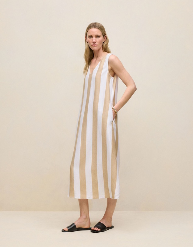 Trenery - Cabana Stripe V Neck Sleeveless Dress in Sand