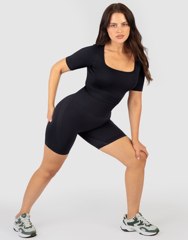 B Free Intimate Apparel - Square Neck Short Sleeve Crop Top & High Waist Midi Biker Shorts
