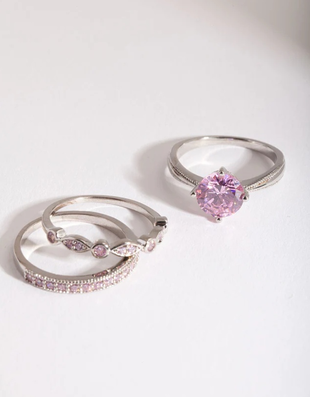 Lovisa - Pink Cubic Zirconia 3 Ring Stack Pack