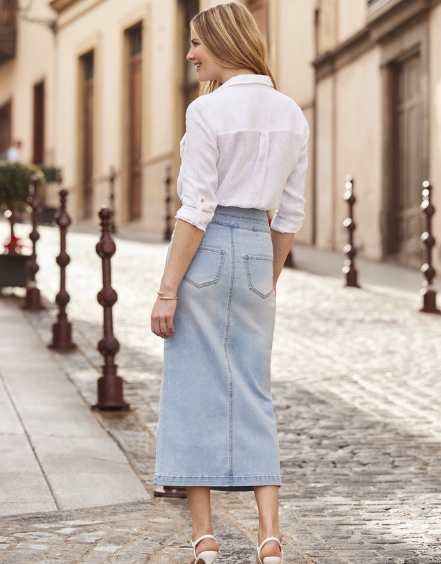 Sosandar - Contour Waist Denim Midi Skirt