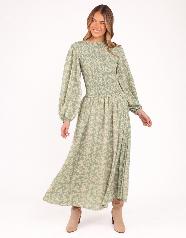 Petal & Pup - Ashara Long Sleeve Midi Dress - Green Floral