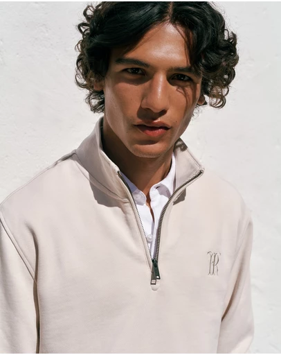 Trenery - Terry 1/4 Zip Monogram Sweat in Stone