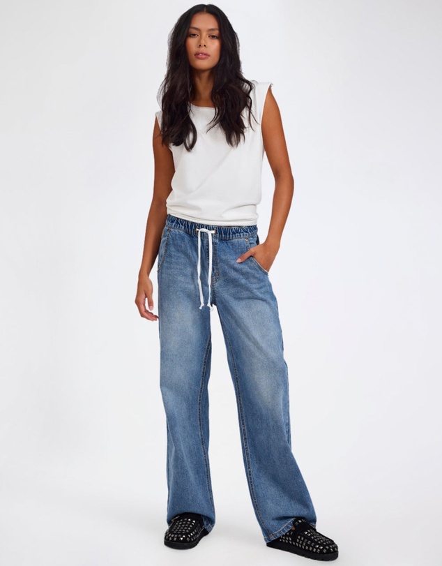 ONE TEASPOON - Roadhouse Mid Waist Wide Leg Drawstring Denim Jean - Hoodlum Blue