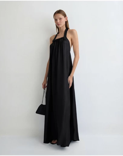 BONDI BORN - Marfa Silk Halter Maxi Dress - Black