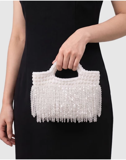 Izoa - Estelle Beaded Fringe White Mini Bag