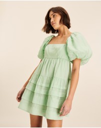 AERE - Puff Sleeve Pleated Hem Mini Dress