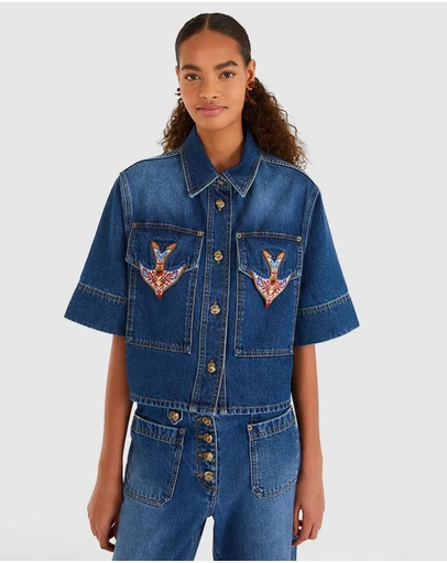 Farm Rio - Porcelain Birds Denim Shirt