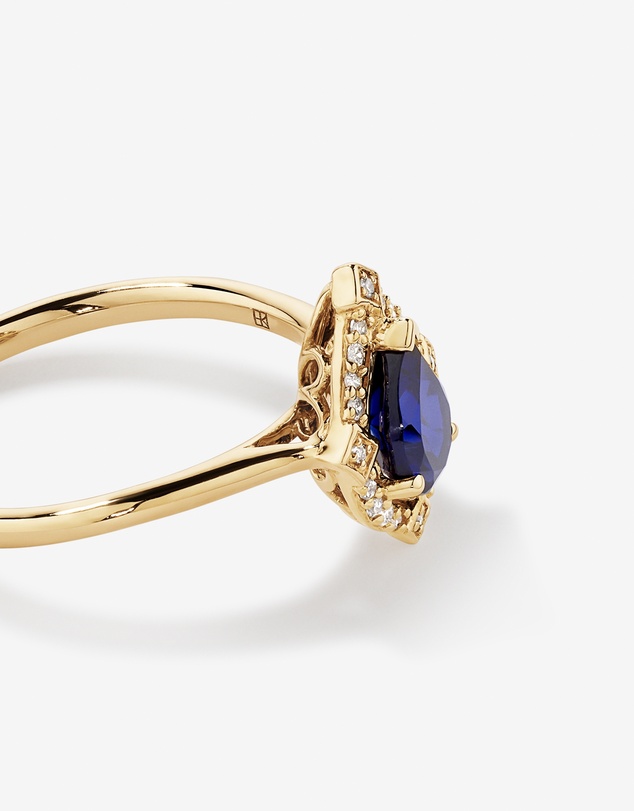 Michael Hill - Pear Cut Created Sapphire and Diamond Halo Ring in 10kt Yellow Gold